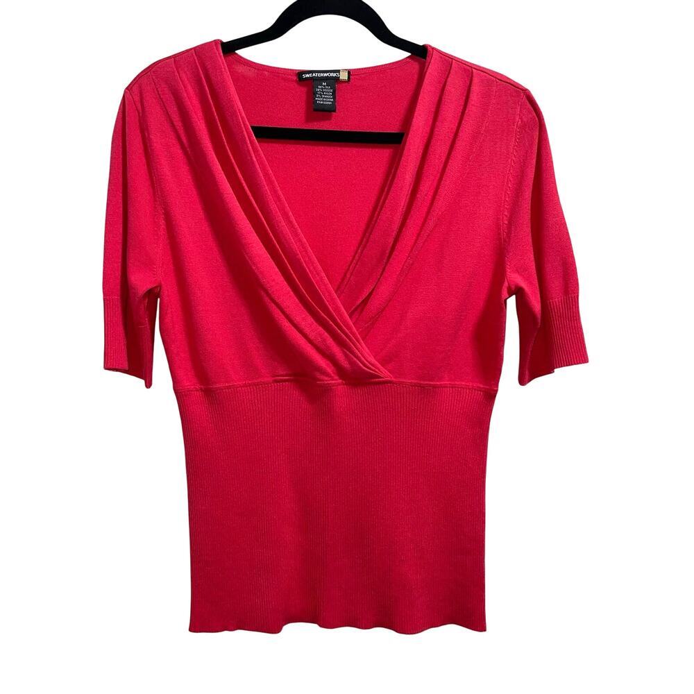 Sweaterworks Pink Silk Blend Crossover Ribbed Top Women's Sz Medium